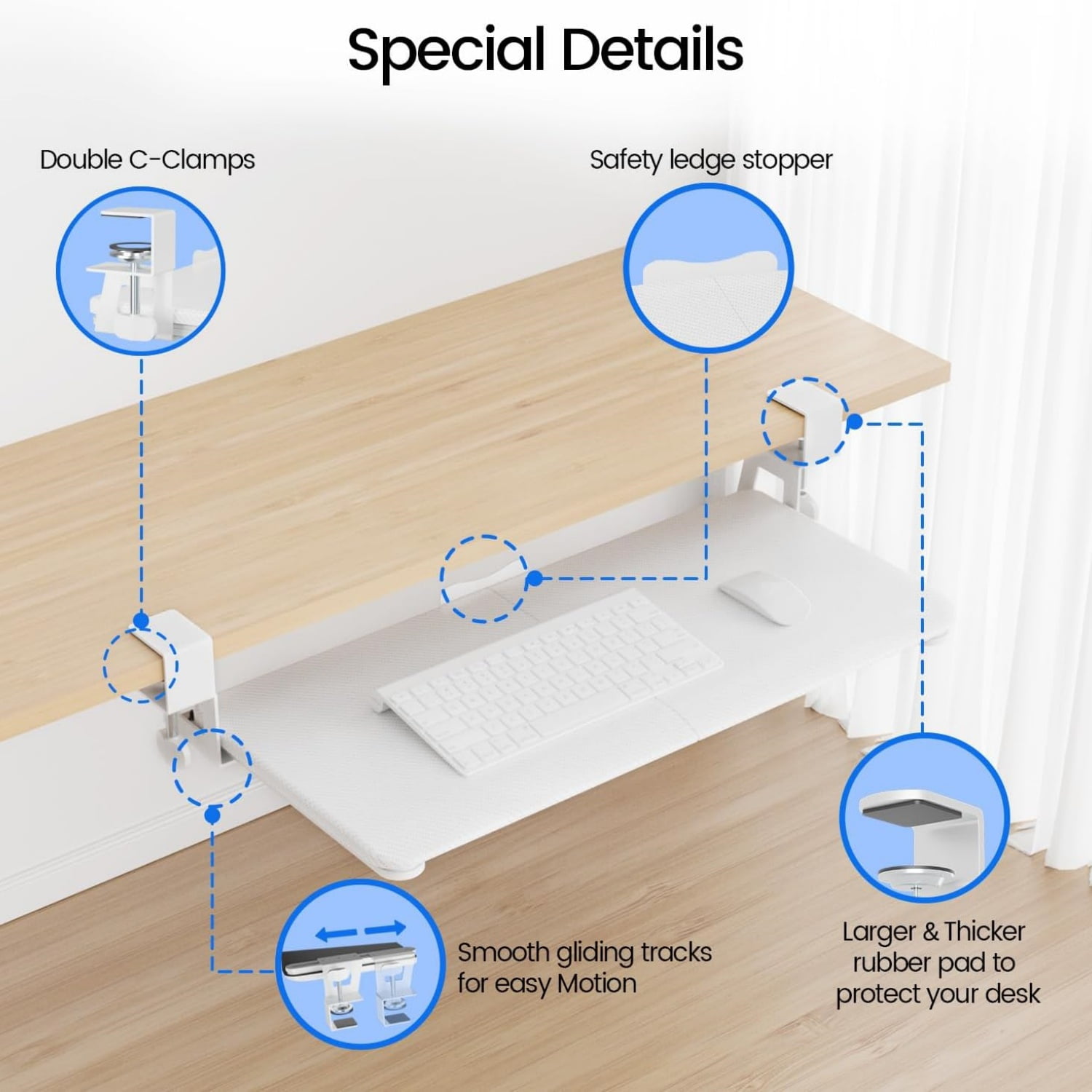 Large Keyboard Tray Under Desk Slide Out with Extra Sturdy C Clamp Mount System,26'' (30'' including Clamps) x11 Slide-Out Keyboard Drawer Under Desk for Typing,Keyboard Mouse Tray,White