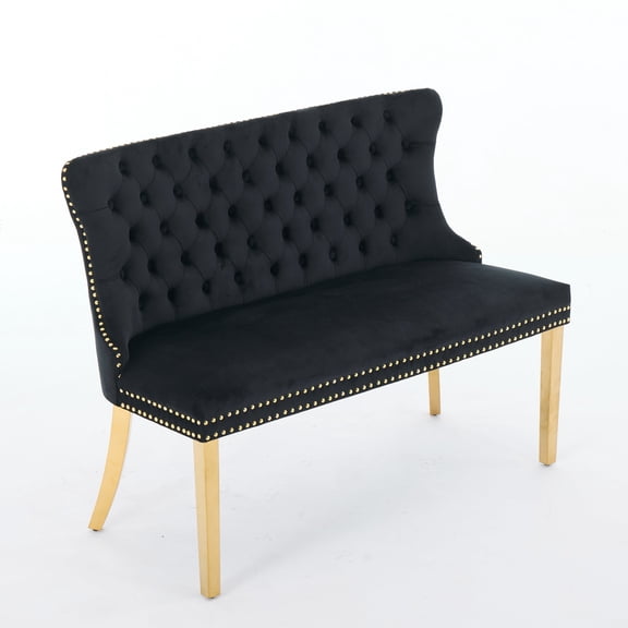 Velvet Double Loveseat Bench, 2-Seat Tufted Dining Bench with Gold Legs, Mid Century Modern Wingback Bench for Kitchen, Entryway, Black Single Pack