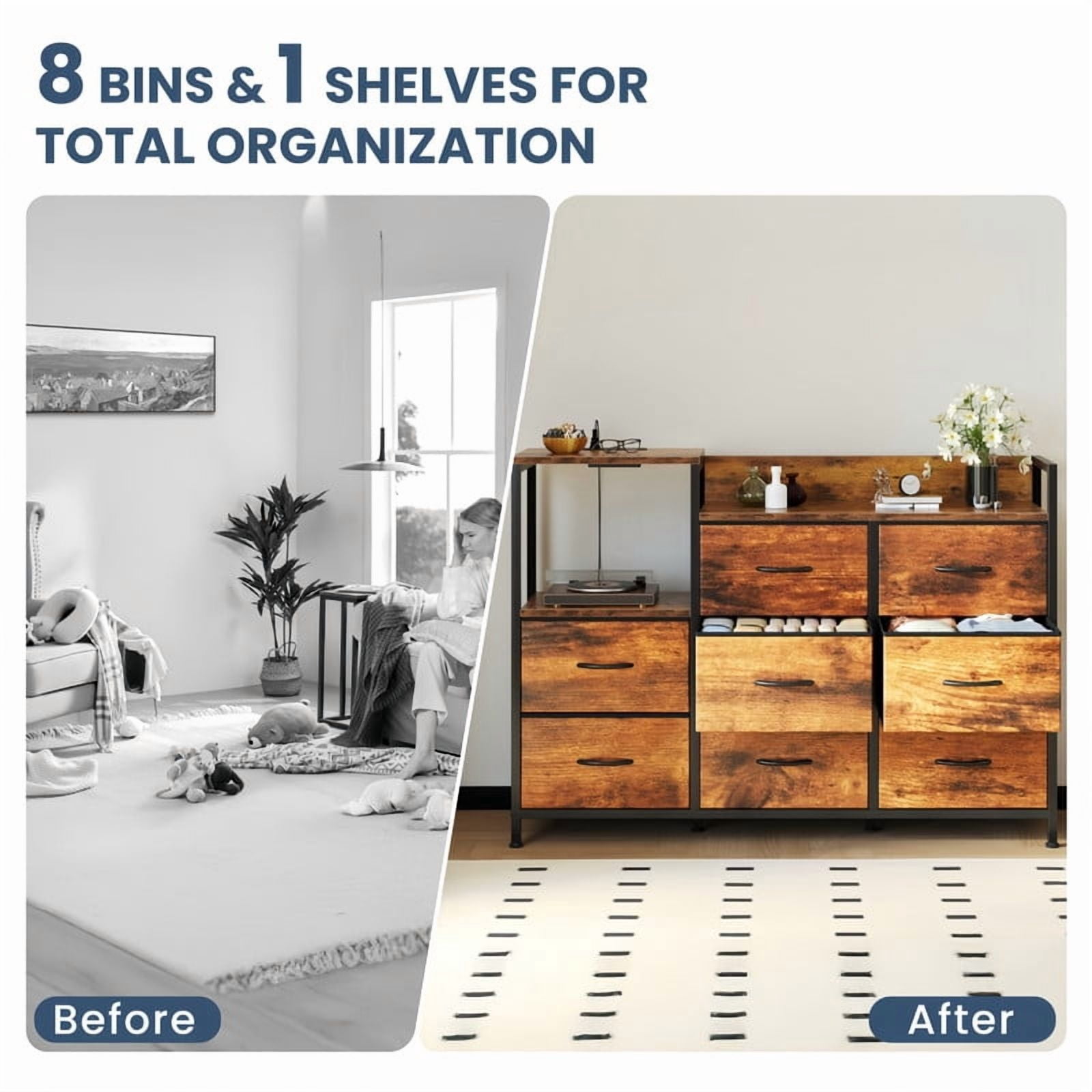 Kelno TV Stand Dresser 8 Fabric Drawers Storage Cabinet with Open Shelf Built in AC USB Type C Charging Station, Rustic Brown