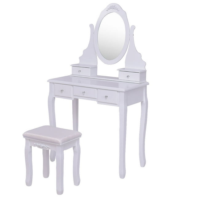 Patiojoy Mirror Vanity Table Unit Makeup Set Wood Makeup Dressing Table Set White