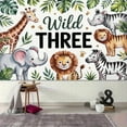 thumbnail image 6 of Young Wild and Three Backdrop Safari Theme 3rd Birthday Photography Background Green Tropic Leaves Giraffe Zebra Elephant 3rd Birthday Party Decorations Banner Supplies Photo Booth Props, 6 of 7