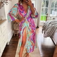 thumbnail image 2 of Women's Lapel Tie Waist Wrap Dress High Cut Long Sleeve Sundress Deep V-Neck Bohemian Casual Dresses, 2 of 8