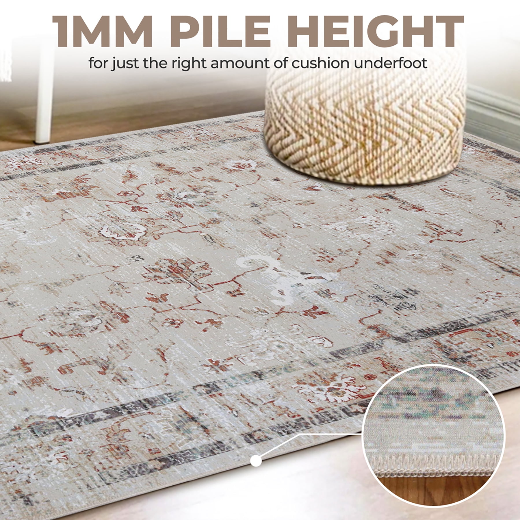 Superior Swan Floral Non-Slip Washable Indoor Area Rug, 4' x 6', Cream
