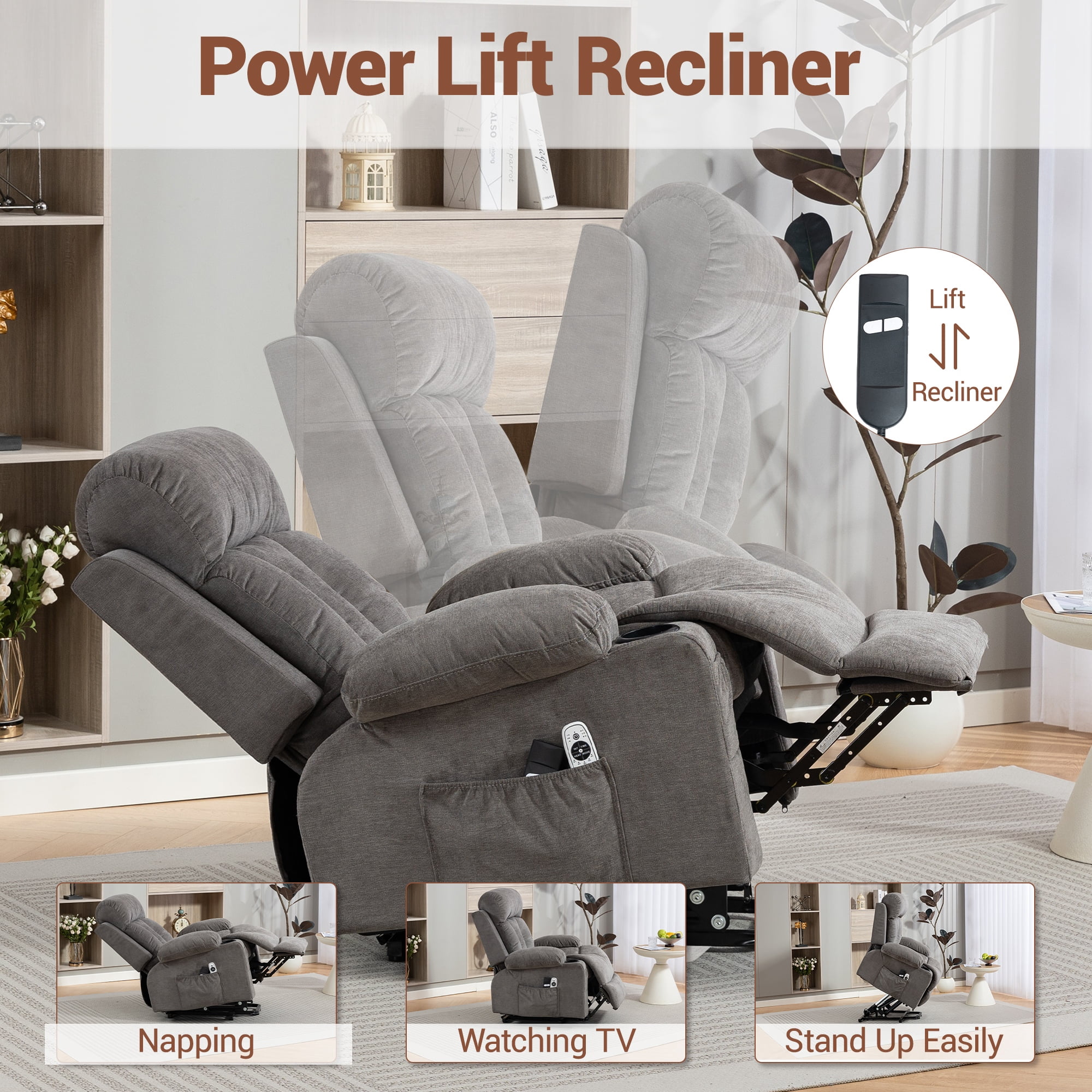 DELMANGO Power Lift Recliner Chair for Elderly, Electric Oversized Reclining Sofa with Vibration Massage & Heat, Cup Holder and USB Charging Port for Living Room, Grey