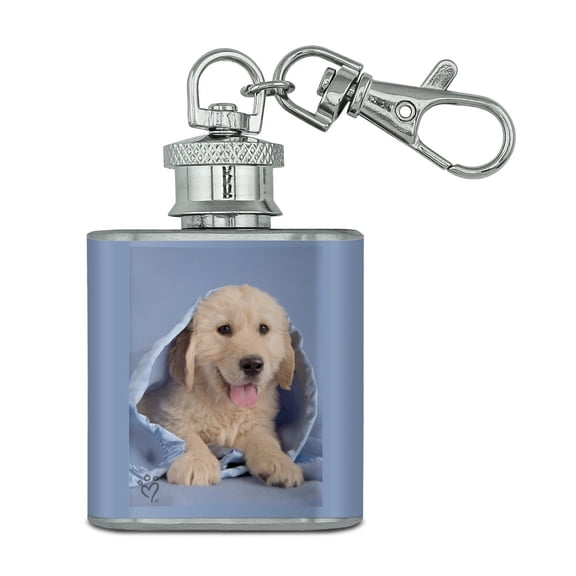 Golden Retriever Puppy Dog Wrapped in Blanket Stainless Steel 1oz Mini Flask Key Chain