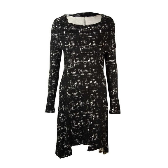 Kensie  Black-White Long-Sleeve Cowl-Neck Printed Dress S