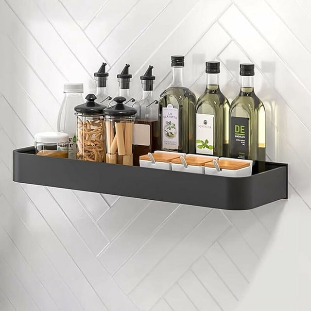 Marco de aluminio negro mate para baño de cocina, espacio de drenaje rápido, diseño de fondo abierto de aluminio, estante montado en la pared de 40 cm de largo que puede soportar hasta 10 kg