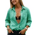 thumbnail image 2 of UDAUDU Women Button Down Denim Shirts Casual Long Sleeve V Neck Fall Fashion Blouse Crop Top Jackets Green S, 2 of 8