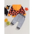 thumbnail image 3 of Toddler Baby Boys Halloween Outfit Pumpkin Print Long Sleeve Hoodies Elastic Waist Stripe Patchwork Pants 2Pcs Clothes Set, 3 of 7