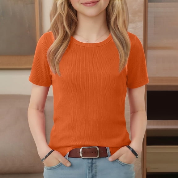 Dwellite Girls Shirts Short Sleeve Soft Summer Casual Crewneck T-Shirts Plain Tees Tops for Kids Orange 150