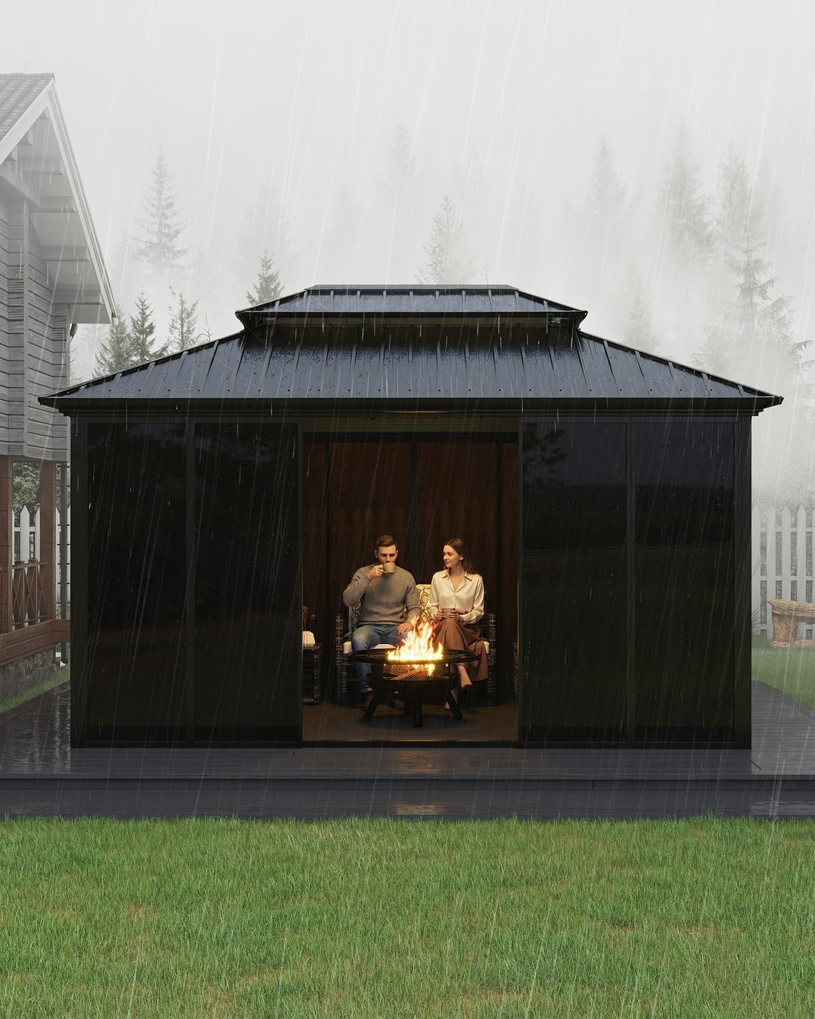 10x14 ft Hardtop Gazebo Sunroom, Aluminum Enclosed Patio Solarium with Polycarbonate Sliding Doors & Double Roof for Deck