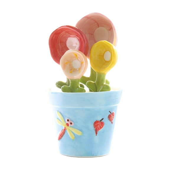 CMrtew Flower Measuring Spoons Set Ceramic Baking Spoons & Cups with Holder, Cute Unique Kitchen Gifts for Bakers (Dishwasher Safe, Dry Ingredients)