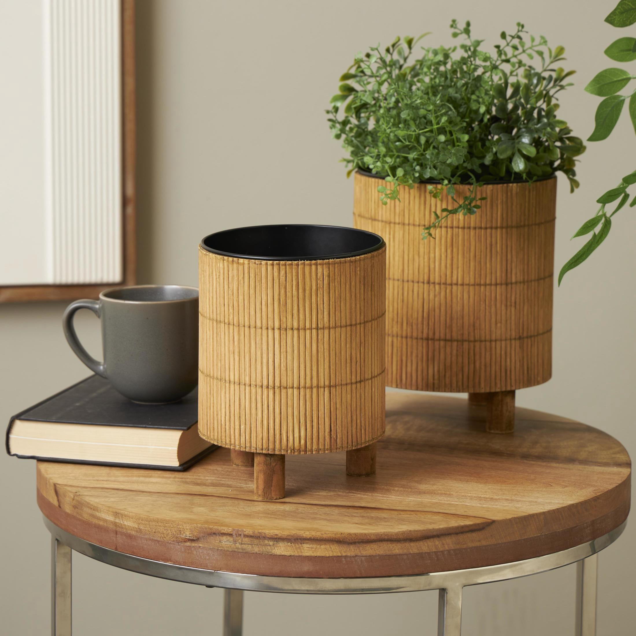 DecMode 9", 8"H Handmade Brown Bamboo Wood Planter with Black Metal Interior (2 Count)