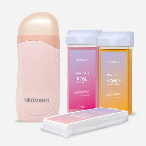 NEOMANN Kit de cera roll on para depilación con 2 cartuchos | 50 tiras de cera para depilación, color rosa