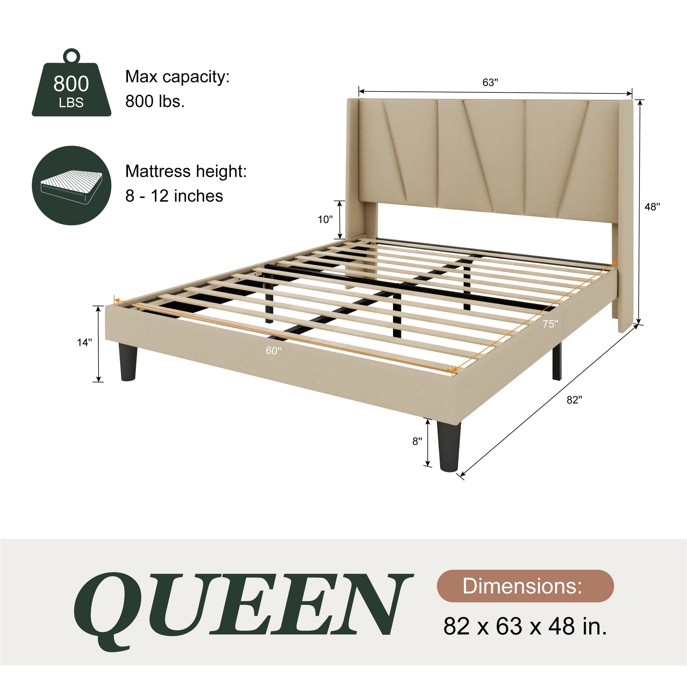 Amolife Queen Bed Frame, Upholstered Platform Bed with Wingback and Geometric Headboard, Beige