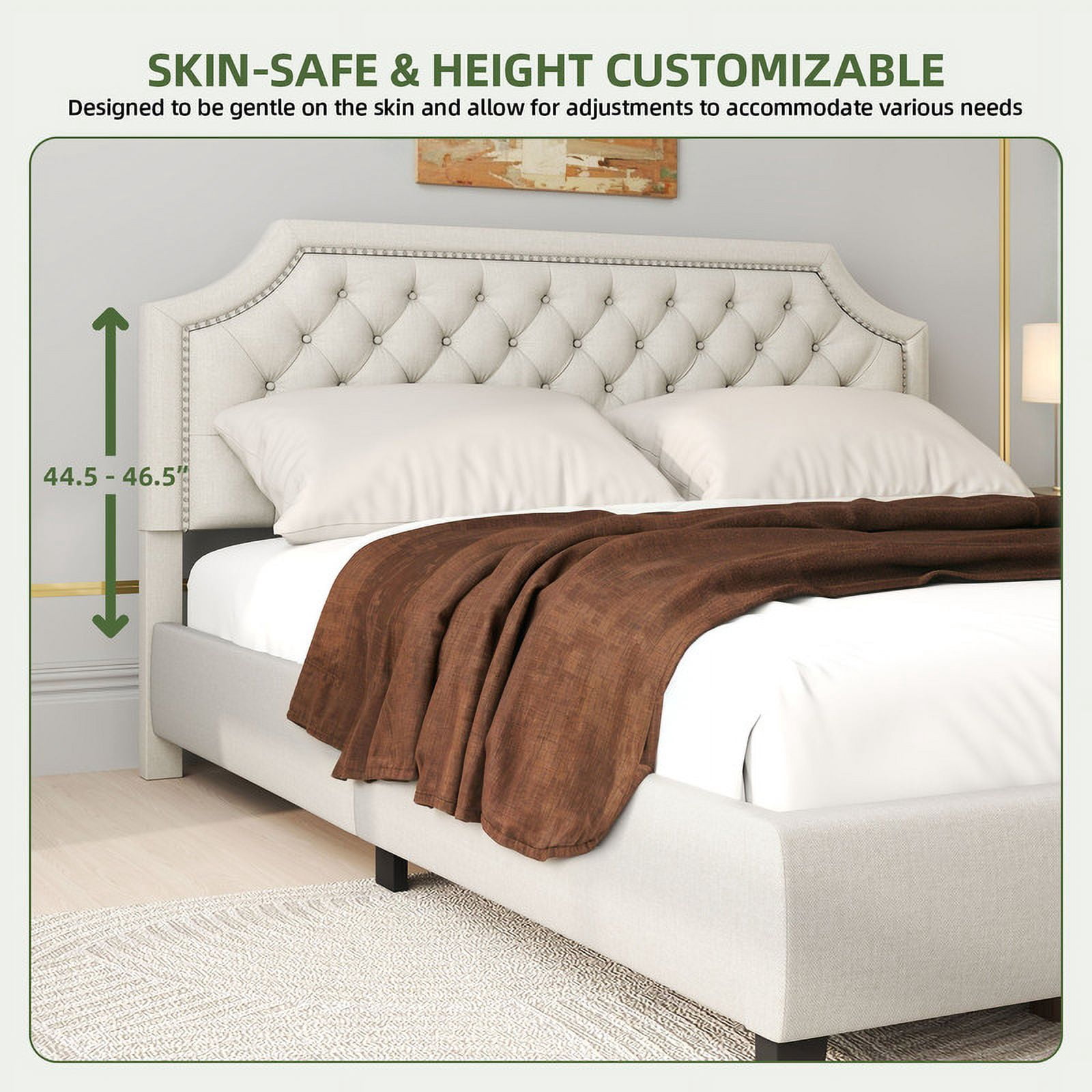 Uforic King Size Bed Frame with Adjustable Headboard, Upholstered Tufted Platform Bed, Easy Assembly, Adult and Teen, Beige