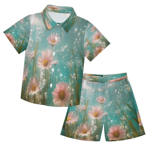YAZAOO Button-Down Shirts Summer Shorts Sets Fashion Pink Flowers and Bubbles Pattern Casual Set