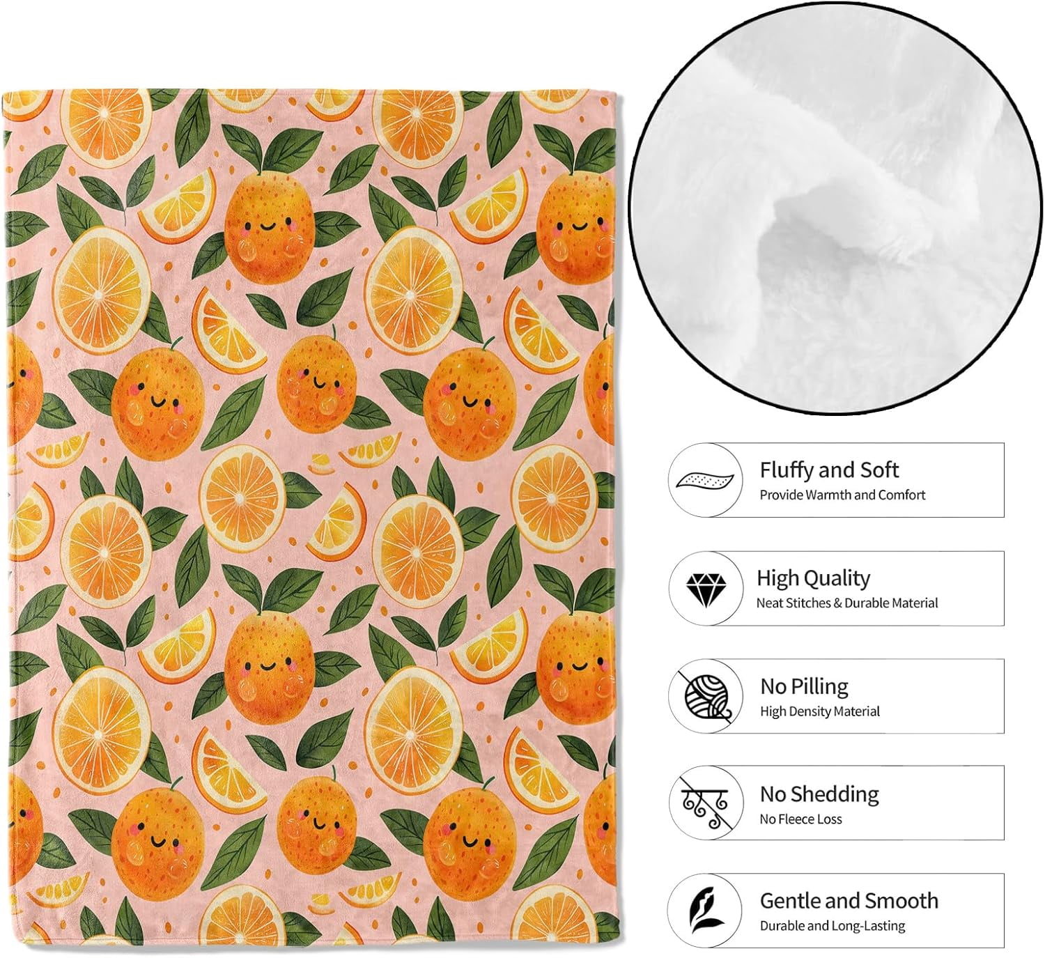 Cute Orange Throw Blanket - 60x80in,Ultra Soft, Cozy Lightweight Flannel,Smiling Oranges and Citrus Blankets - Gifts for Kids & Fruit Lovers,for Couch Office Travel,Home Living Room Decor