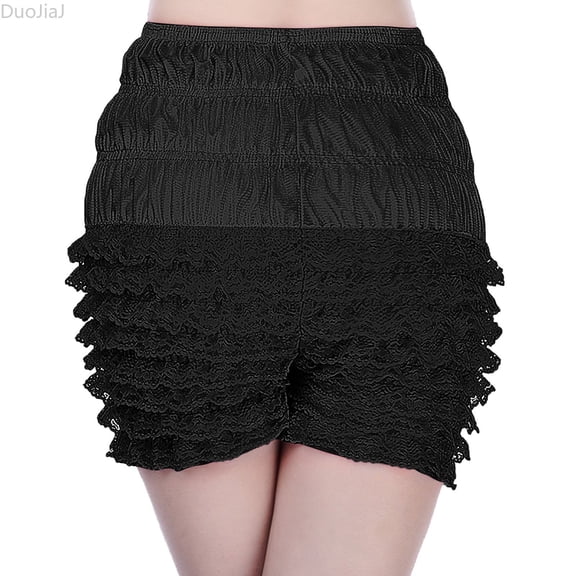 DuoJiaJ Women Y2K Lace Mesh Ruffle Short Layered Shorts Black L
