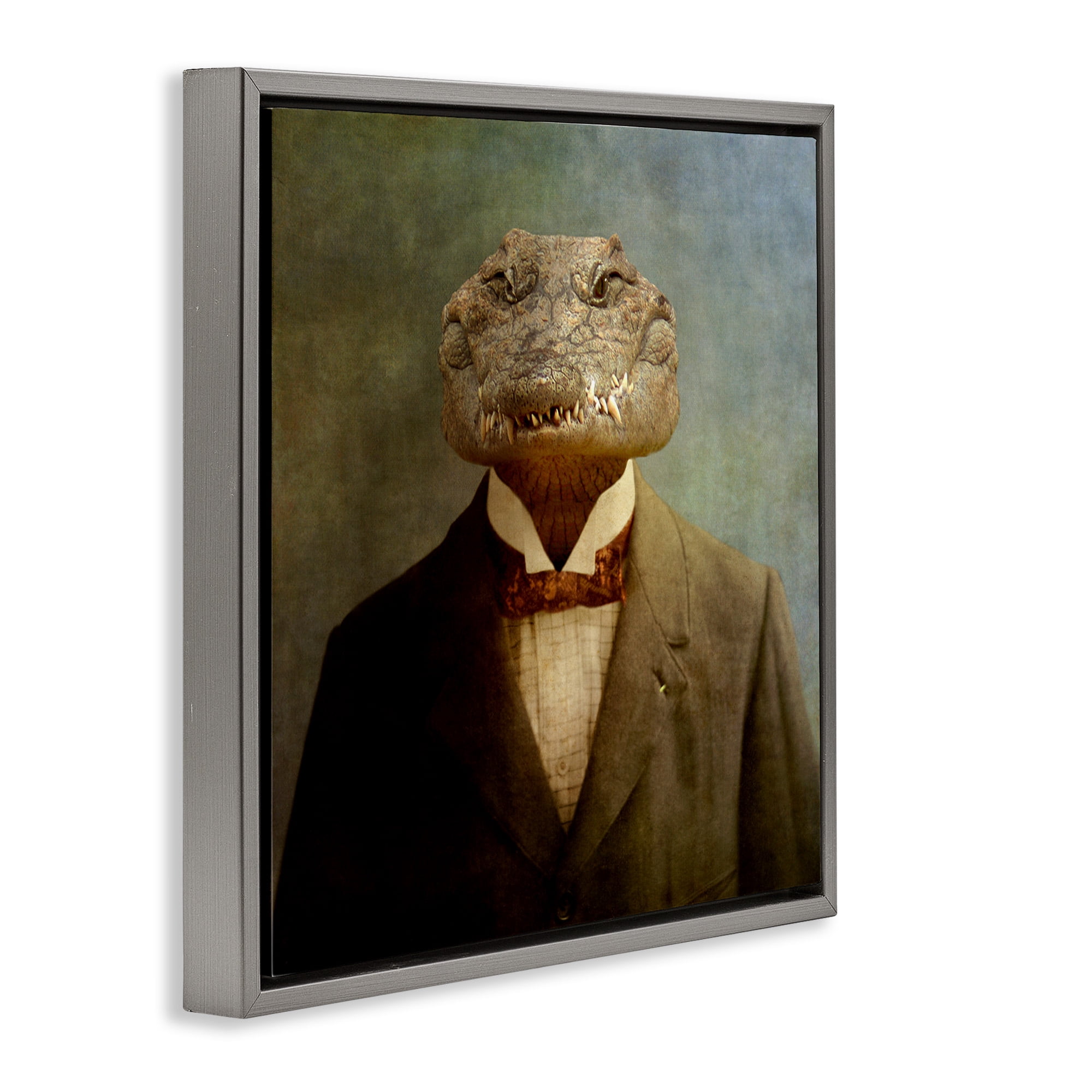 Stupell Industries Alligator in Business Suit Animals & Insects Painting Gray Floater Framed Canvas Art Print Wall Art, 25 x 25