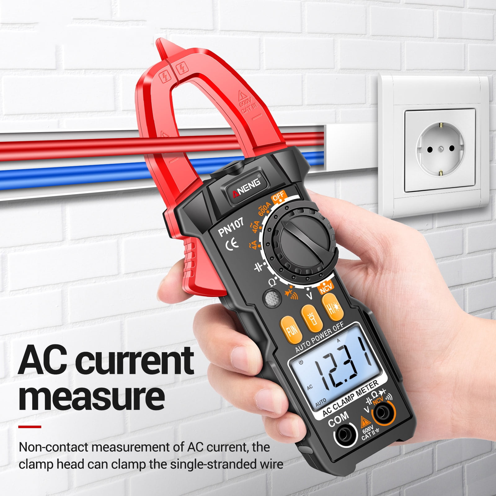 ANENG PN107 Digital Clamp Meter CAT II 600V AC Voltage Multimeter Tester 4000 Counts Amp Voltage Tester Measures AC/DC Current AC Voltage Resistance Capacitor Diodes