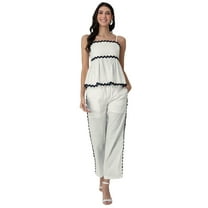 Moomaya Chic Cotton Co-ord Set, Sleeveless Elegance with Zigzag Lace & Pocketed Pants for Summer Fun