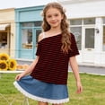 thumbnail image 2 of HAiming Girls Tops off the Shoulder Short Sleeve Striped Color Block T Shirts Loose Casual Fashion Tee Summer Vacation Workout Blouses, 2 of 9