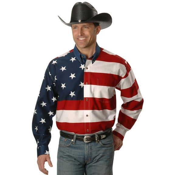 Roper Mens Red White And Blue Stars And Stripes Pieced American Flag Long Sleeve Western Snap Shirt