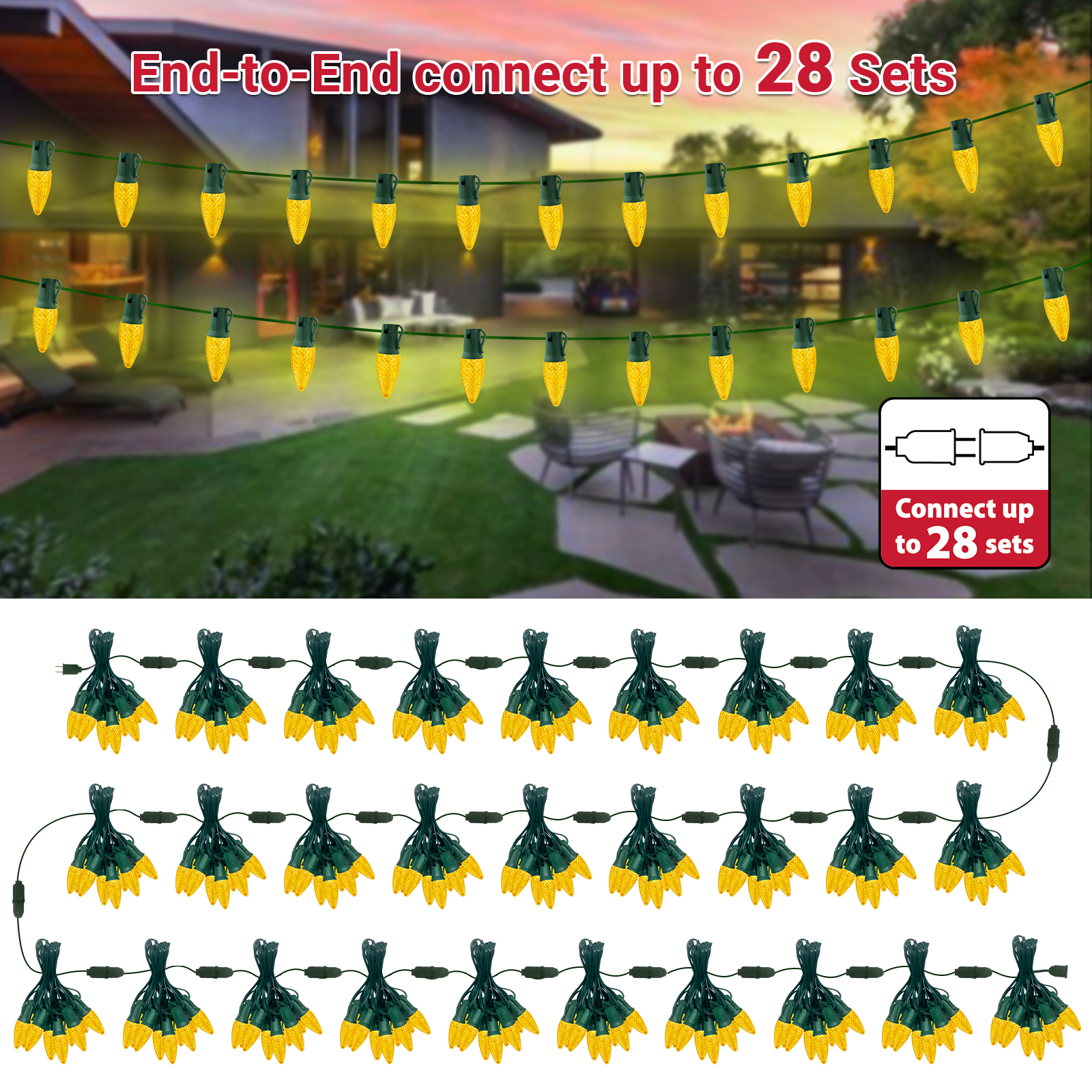 LAMPHOME Yellow C9 Christmas String Light Outdoor, 25FT Shatterproof LED for House Rooflines & Pathways, Connectable Waterproof Vintage Christmas Light for Tree, Yard, Patio, Porch, Garden