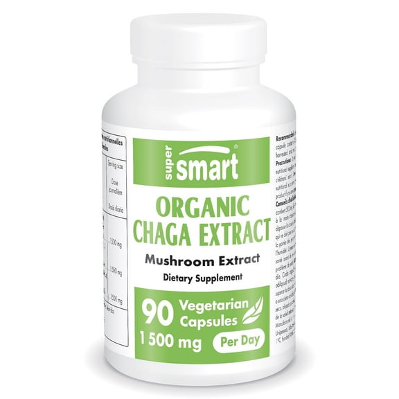 SuperSmart Organic Chaga Extract 1500mg per Day (High Strength) - Wild & Hand Picked Chaga Mushrooms Supplement | Non-GMO & Gluten Free - 90 Vegetarian Capsules