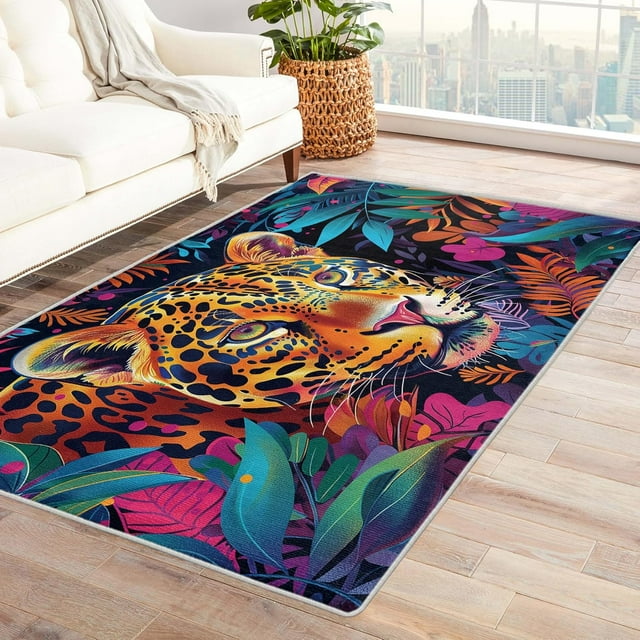 3 x 5 Area Rug Leopard Rugs, Colorful Tropical Jungle Carpet for Living Room Bedroom Animal Patterned Indoor Home Decor, Non Slip Soft & Low Pile Small Washable Rug ZH&240