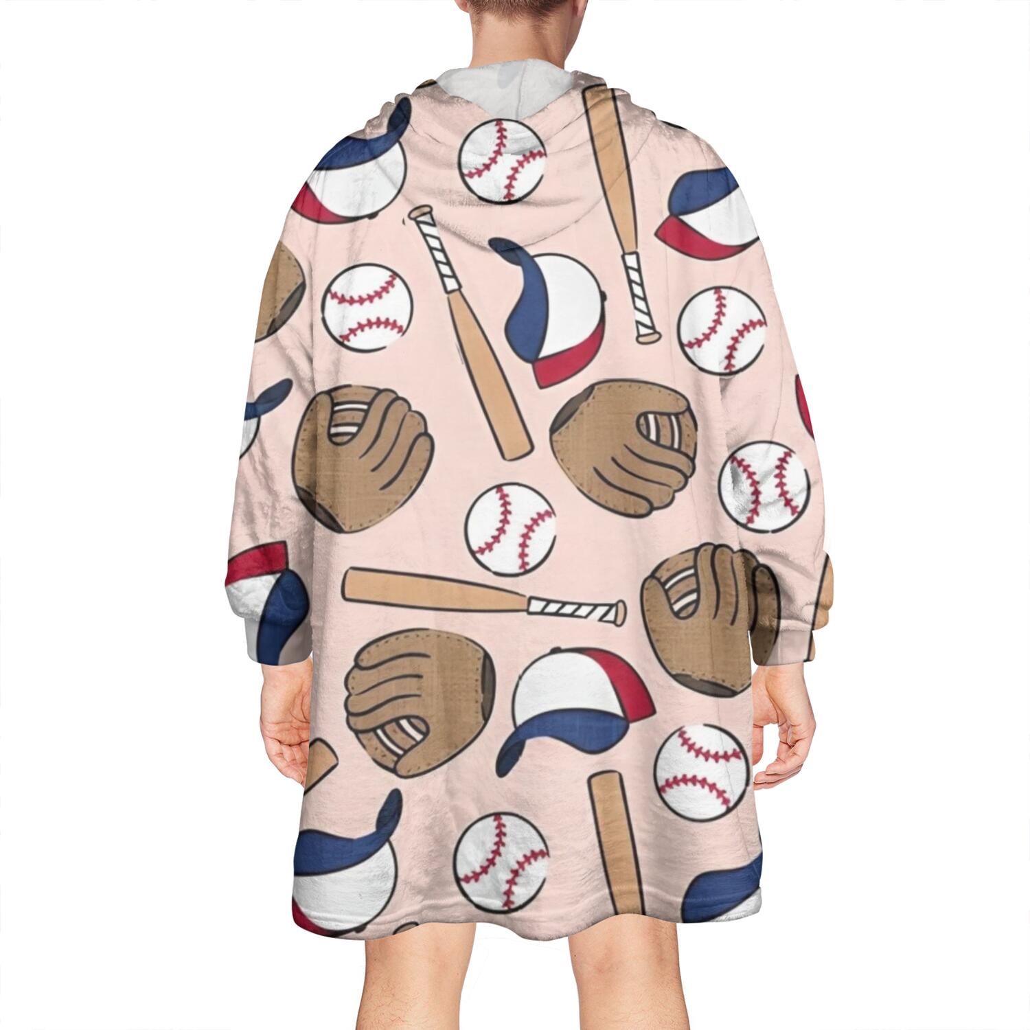 Pink Baseball Gear Pattern Wearable Oversized Blanket,Wearable Blanket Hoodie for Adults,Cozy Hooded Blankets with Super Pockets,Super Warm Fuzzy Pullover for Women & Men