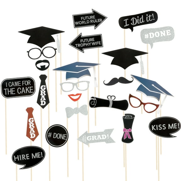 LOLIPPYY 24-Piece Photo Booth Props Set for Graduation Party, Includes Mustache, Hats, Glasses, Lips, Bowler, Bowties on Sticks, Random Bachelor Hat Colors