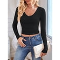thumbnail image 3 of Long Sleeve Shirts for Women 2025 Fall Fashion V Neck Basics Crop Tops Slim Fitted Y2K Tops Outfits Clothes Black S, 3 of 8