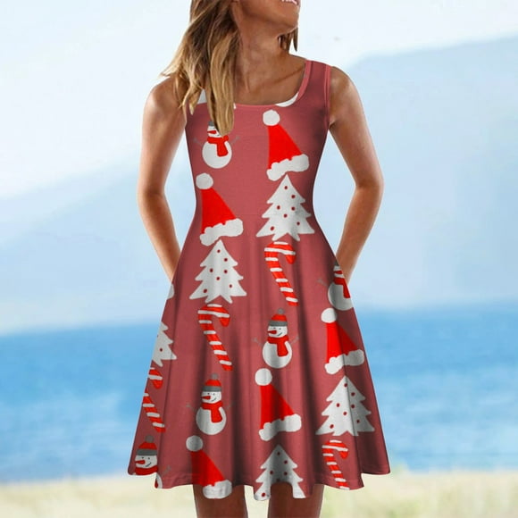 Hjcommed Fashion Women Summer O-Neck Christmas Printing Loose Comfy Sleeveless Dress Red XXL
