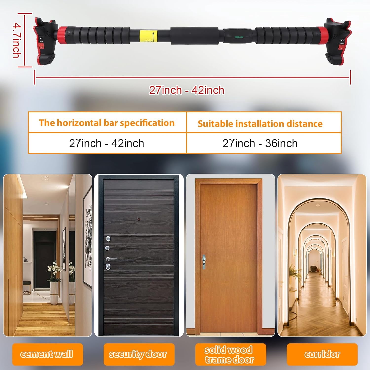 Hetoy Pull Up Bar for Doorway,Chin Up Bar Without Screws,Portable Door Frame Horizontal Strength Training Pullup Bar,Wall Mount Non Slip Adjustable 29.5''-37'' Width Locking