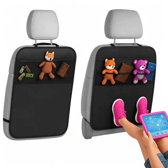 RIONIMA Car Back Seat Protector with Organizer, 19"X27" Xl Kick Mats, Waterproof, 3 Pockets, 2-Pack (Black - 3 Pocket)
