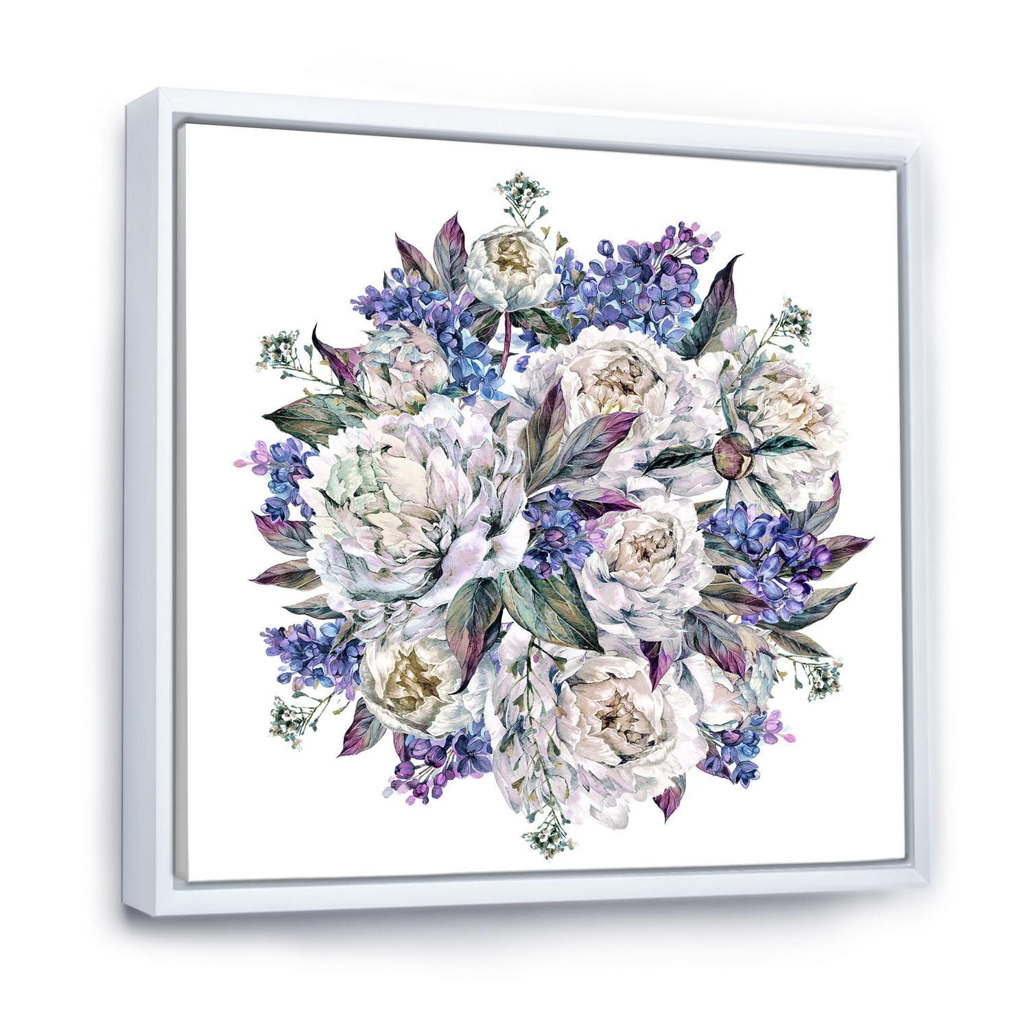 Designart Bouquet Peonies In White and Blue FLOAT FRAME WALL ART