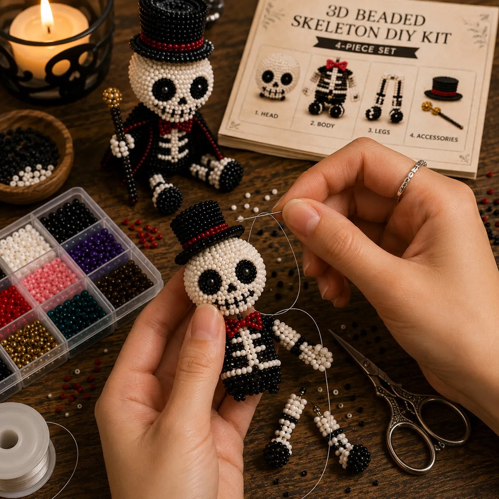 3D Beaded Skeleton DIY Kit, Cute Skeleton Bead Craft Set, Beginner Friendly Halloween Beading Set with Instruction, Handmade Skeleton Figurine Making Kit for Home Decor