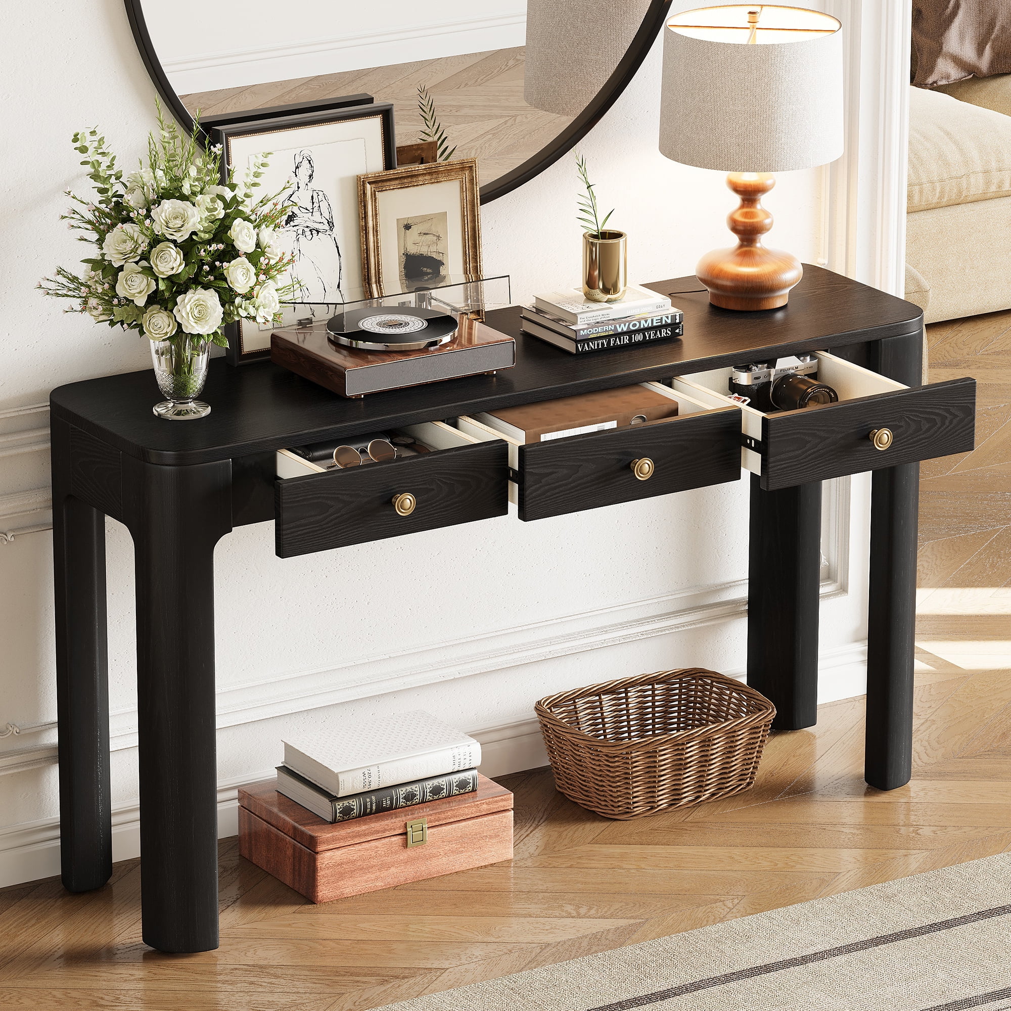 Euroco 52 Inch Curved Console Table with 3 Concealed Drawers, Wood Entryway Table, Sturdy Sofa Table with Thick Legs for Hallway/Foyer/ Living Room,Black