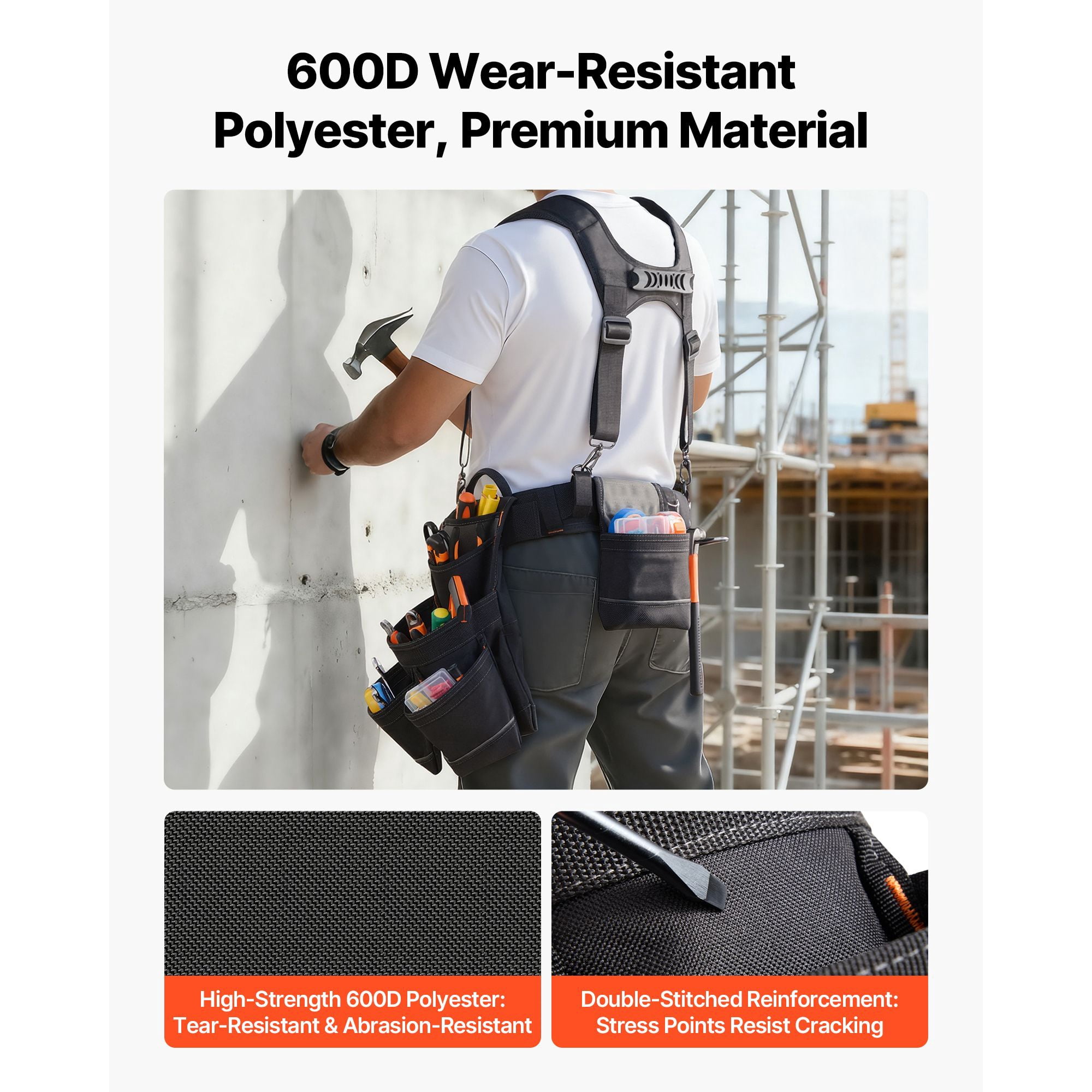 Tool Belt 19-Pockets 600D Polyester Adjustable Waist 31-51 Inch for Carpentry Construction