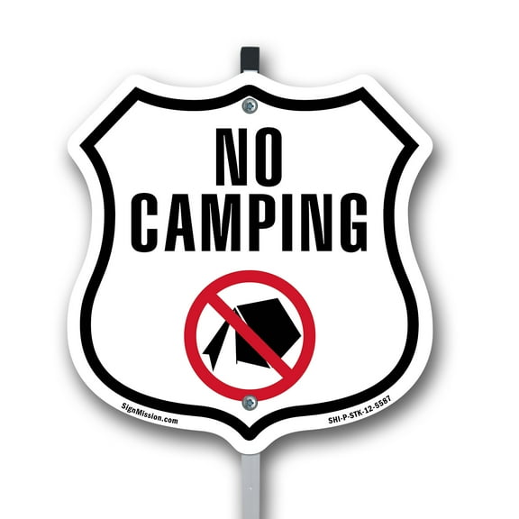 No Camping 12 inch X 12 inch Shield Shaped Commercial Grade Plastic Sign with Aluminum Mounting Stake Weather Resistant Made in the USA