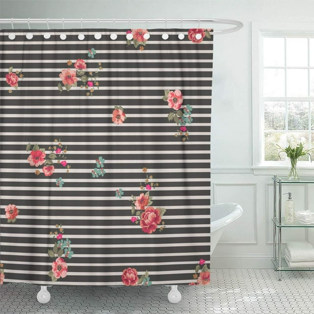 ABPHQTO Colorido Rayas Romántico Ditsy Floral en Rosa Dibujado a mano Amapola Belleza Ramo Cortina de ducha Cortina de baño 165x180 cm