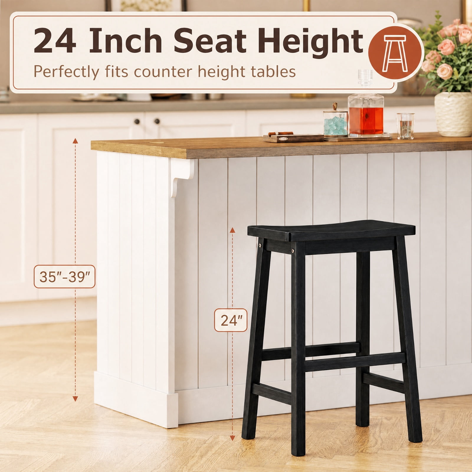 Furnibear Set of 2 Saddle-Seat Counter Height Stools with Curved Seat and Footrests for Kitchen Island Counter Bar Pub Dining Home, Black