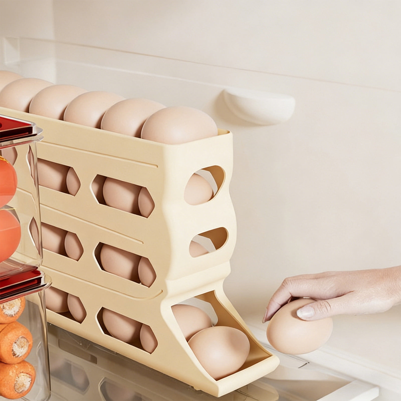 Votnto 30-Count Automatic Rolling Egg Dispenser, 4-Tier Refrigerator Egg Holder Organizer (White/Khaki/Gray)