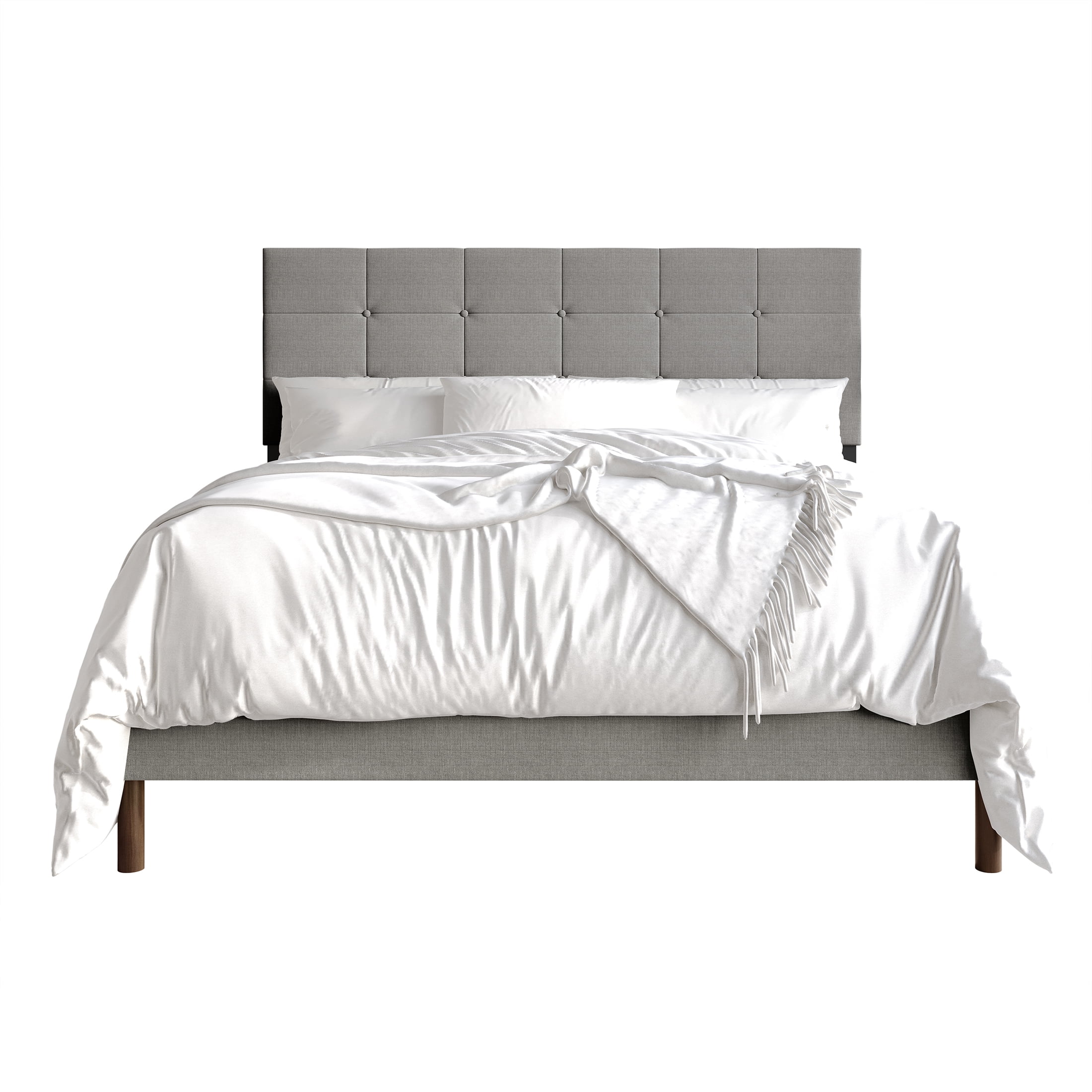 Castle Place Elegant Square Tufted Linen Upholstered Queen Platform Bed, Light Grey