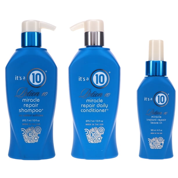 Es un champú reparador 10 Potion 10 de 10 oz, acondicionador reparador Potion 10 de 10 oz y paquete combinado sin enjuague de reparación instantánea Potion 10 de 4 oz It's a 10 Es un champú reparador 10 Potion 10 de 10 oz, acondicionador reparador Potion