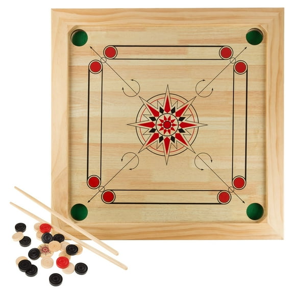 Rockin’ Rollers Carrom Board Game with Coins and Strikers, Wooden Board Game Set for Adults and Kids - 26" Square