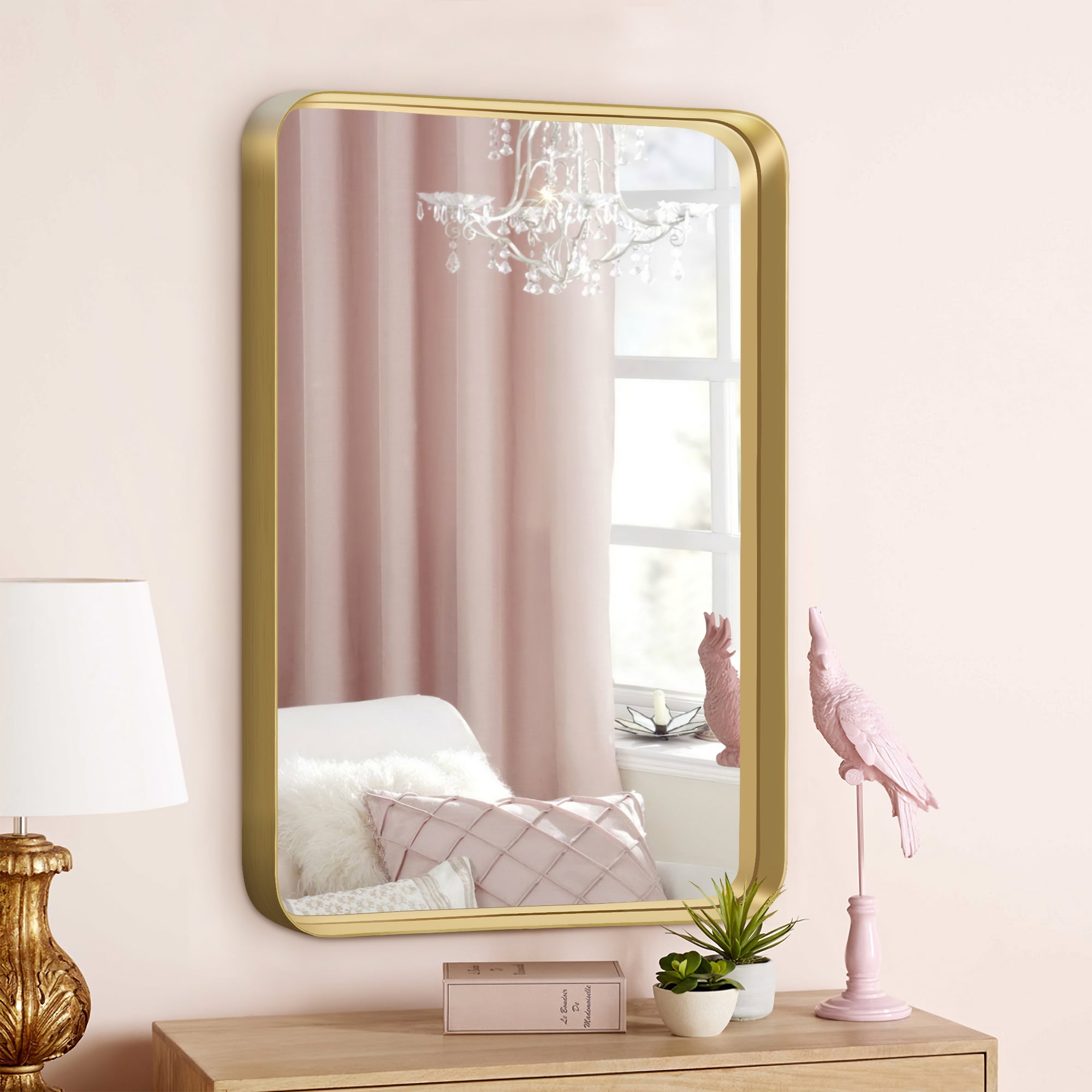 32"x22" Aluminum Alloy Wall Mount Rounded Corner Rectangular Mirror,Gold