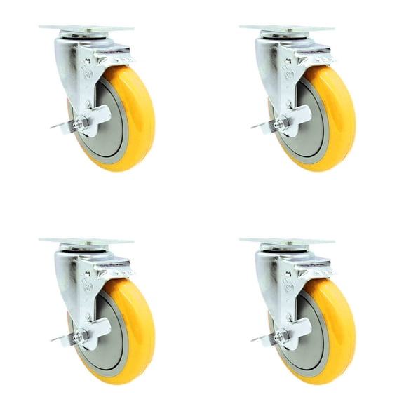 5 Inch Yellow Polyurethane Wheel Swivel Top Plate Caster Set with Brake SCC